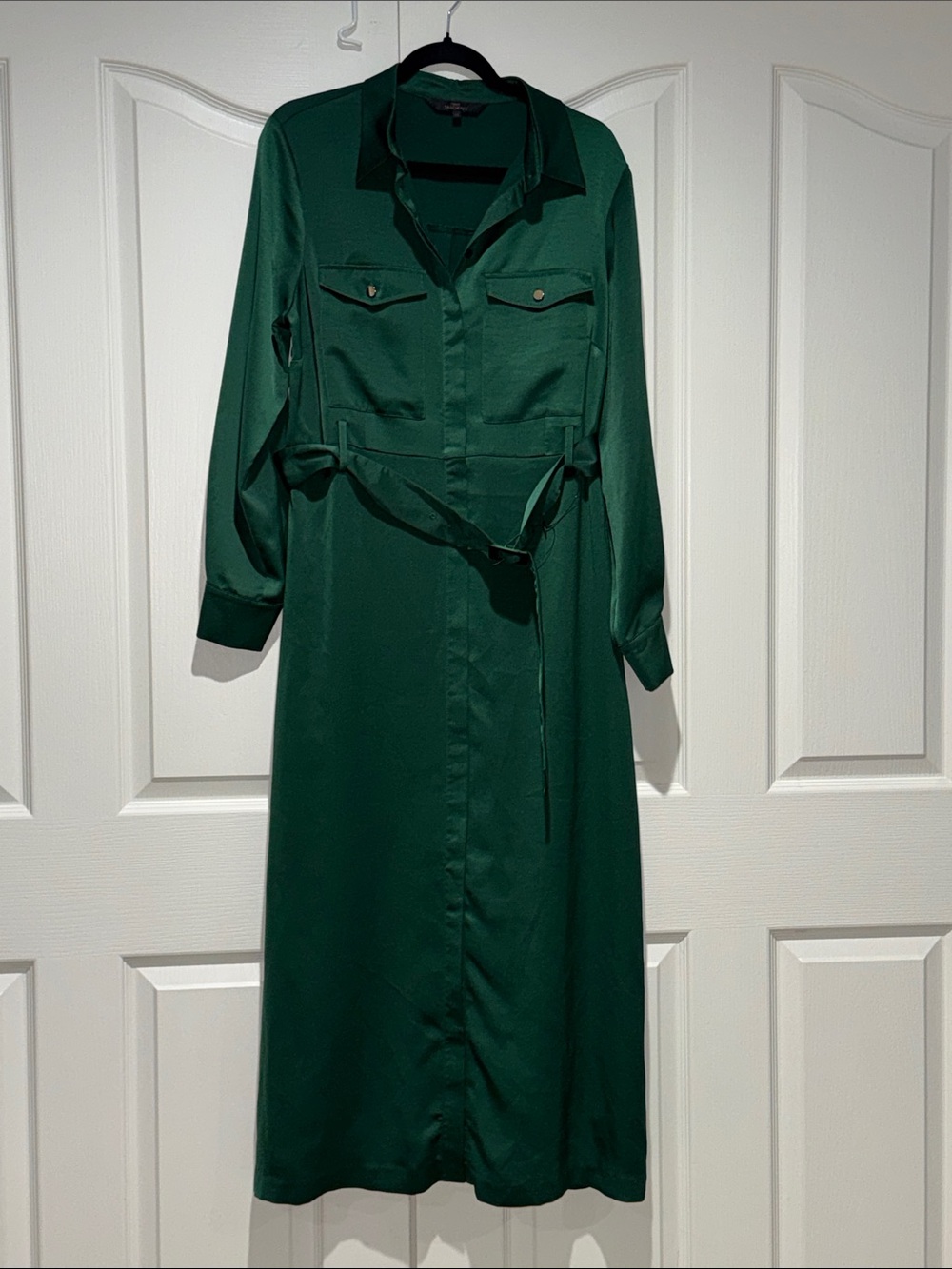 Next Tailoring Emerald Green Satin Utility Shirt Dress - UK Size 16 US size 12